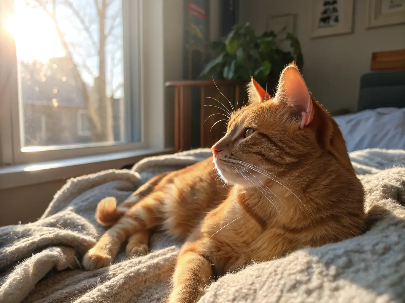 A serene image of a relaxed cat receiving distance energy healing, with soft, glowing light emanating from the healer's hands towards the cat.