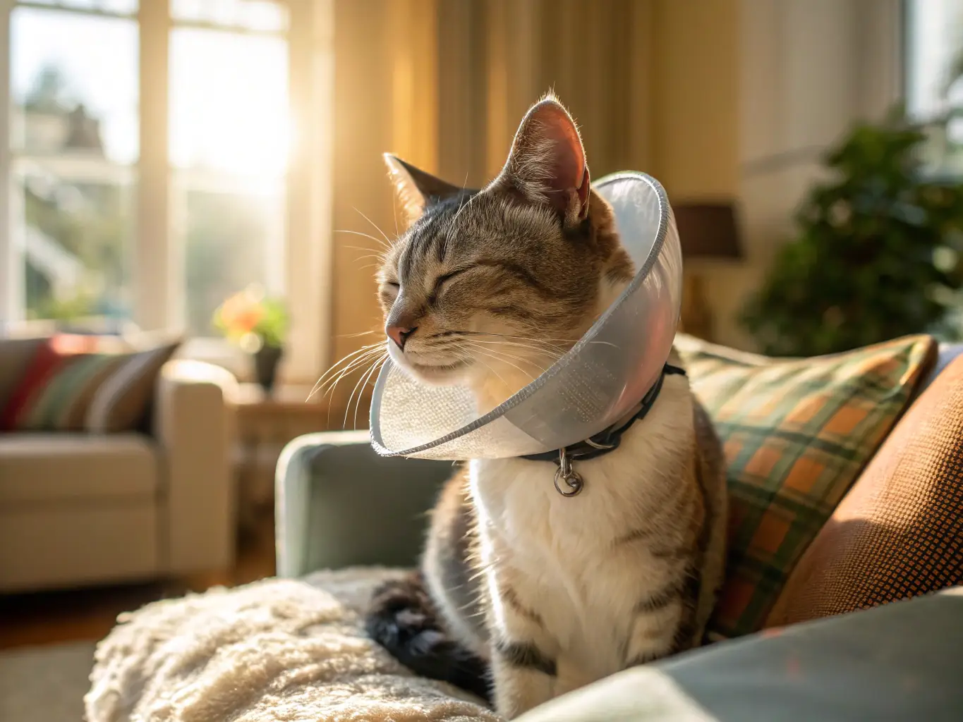 A serene image of a relaxed cat lying peacefully with soft glowing energy lines around it, symbolizing healing energy.