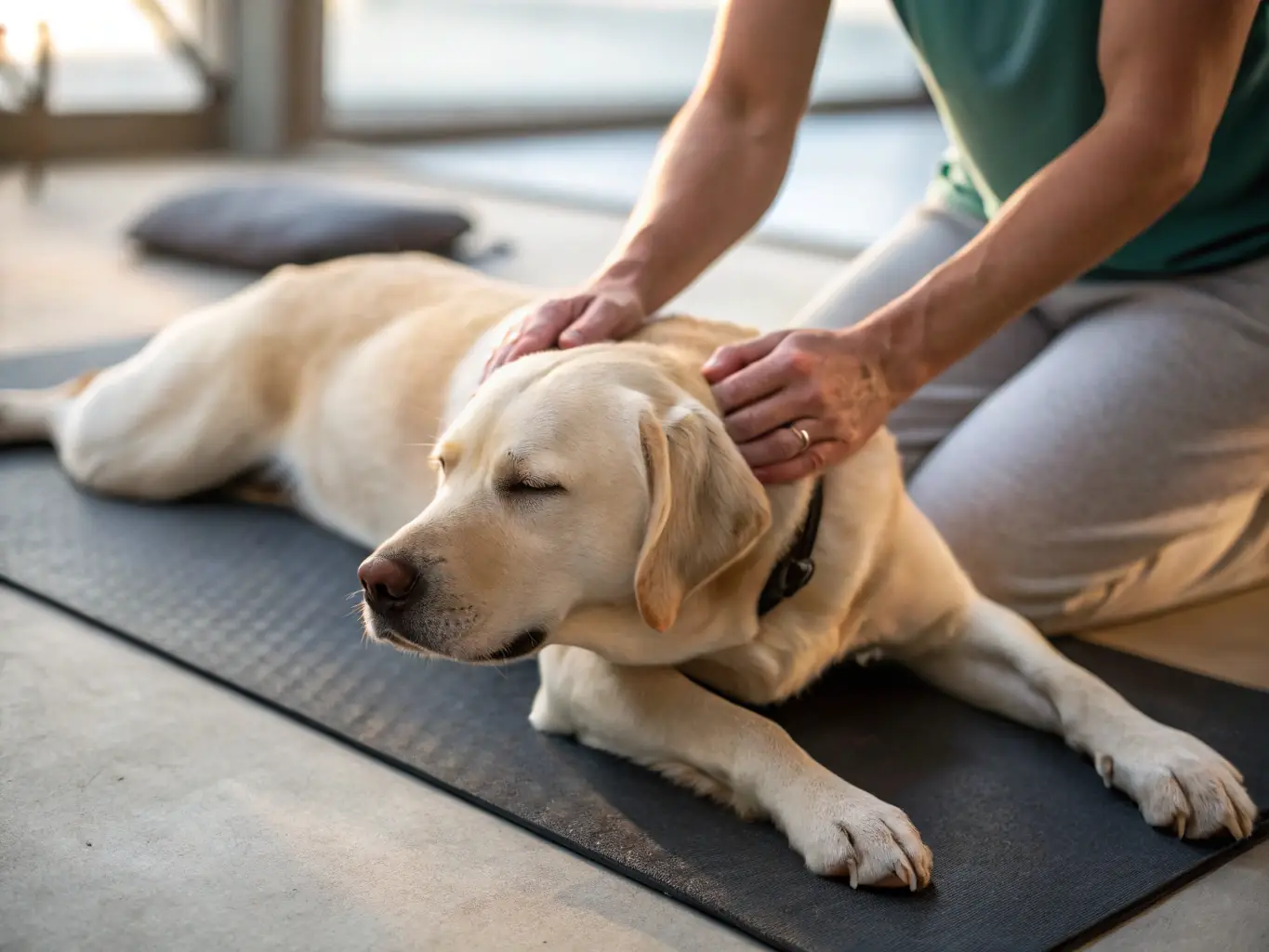 A happy and healthy dog lying comfortably, receiving distance energy healing, with a gentle, warm light surrounding the dog.