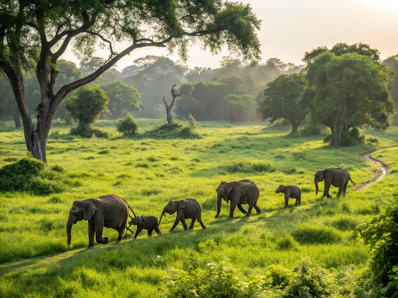 A majestic elephant in a sanctuary, receiving distance energy healing, with a bright, comforting light enveloping the elephant.